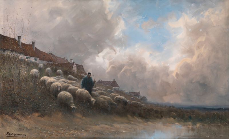 Paisaje con ovejas pastando en un entorno rural, óleo sobre lienzo de Maurice Hagemans