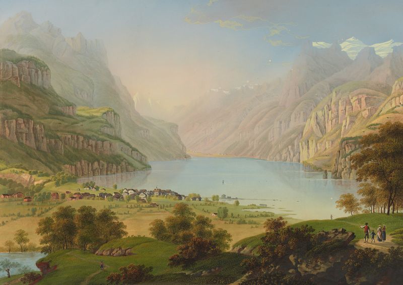 Lago sereno com reflexos de luz solar de Johann Heinrich Bleuler the Younger, meio desconhecido.