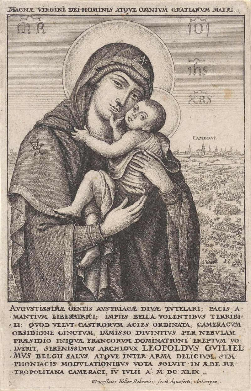 Maria met Christuskind, grabado de Wenceslaus Hollar, que representa a Maria con luz divina.