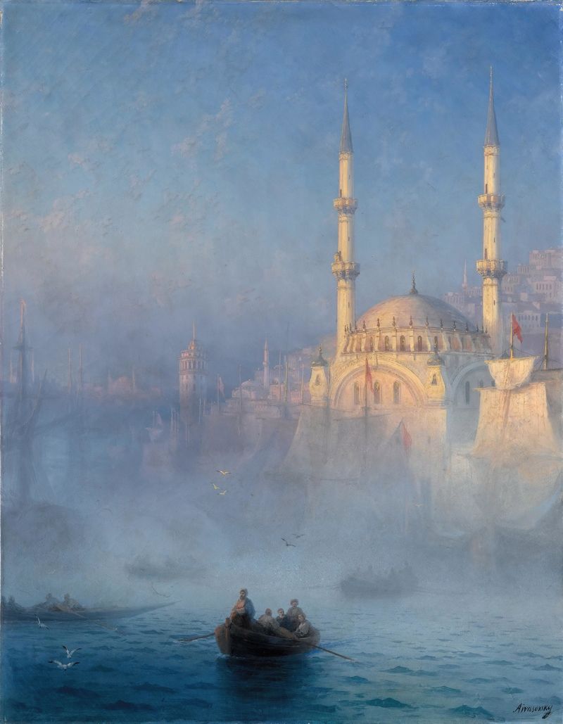 Paisagem de Ivan Aivazovsky retratando Constantinopla com minaretes e tons crepusculares, pintura a óleo.