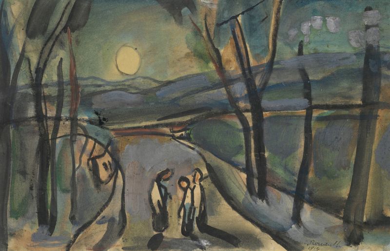 Tres figuras en un paisaje iluminado por la luna de Georges Rouault, óleo que presenta siluetas contra un cielo nocturno.