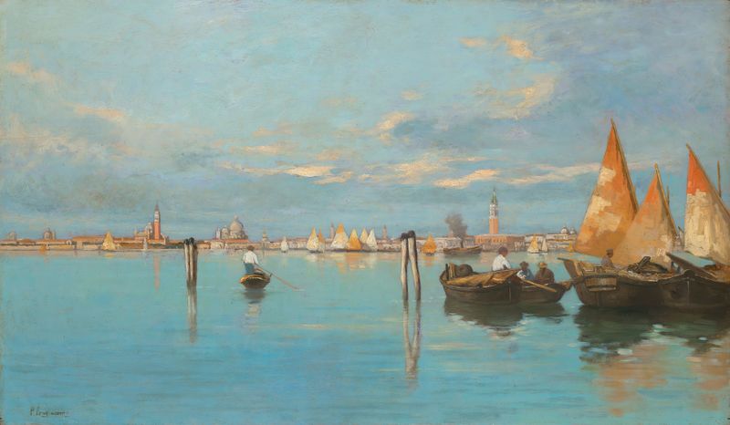 Oil painting of Venice canals with reflections by Pietro Fragiacomo