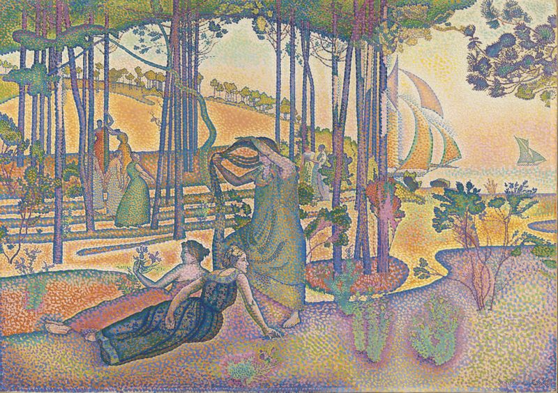 Oil painting by Henri-Edmond Cross depicting a landscape at dusk with gentle hues.