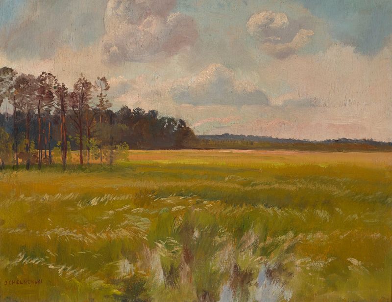 Meadow by the Forest, óleo sobre lienzo de Jozef Chelmonski, que representa un prado y un bosque exuberantes.