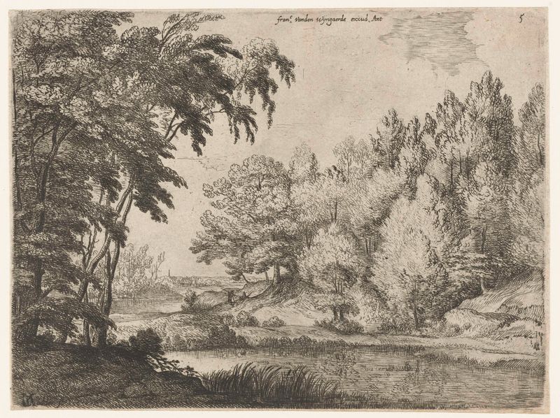 Landschap met een kronkelende rivier, etching by Lodewijk de Vadder depicting a river in a lush landscape.