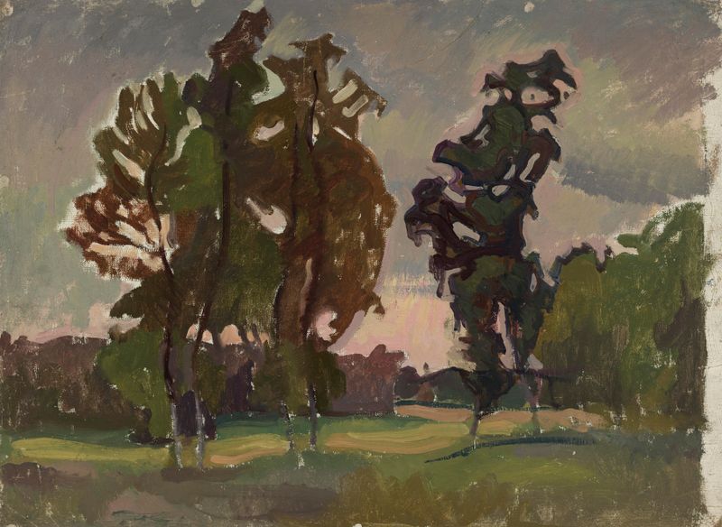 Paisagem com uma figura solitária em verdes profundos e marrons terrosos, pintura a óleo de Nikolai Triik