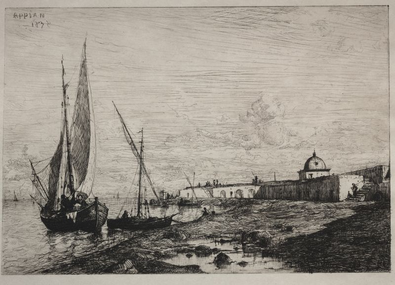 Oil on canvas by Adolphe Appian depicting a port with boats and water