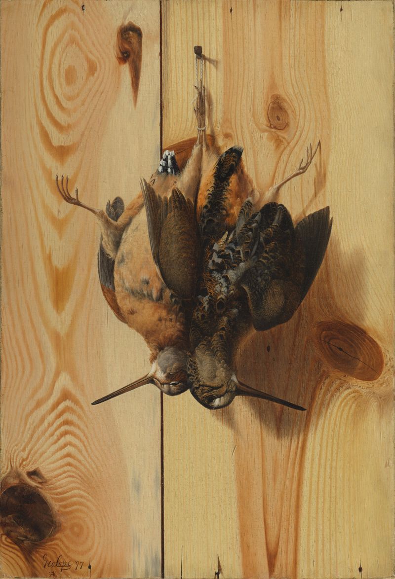 Hanging Woodcock by George Cope, oil on canvas depicting a woodcock in a natural setting.