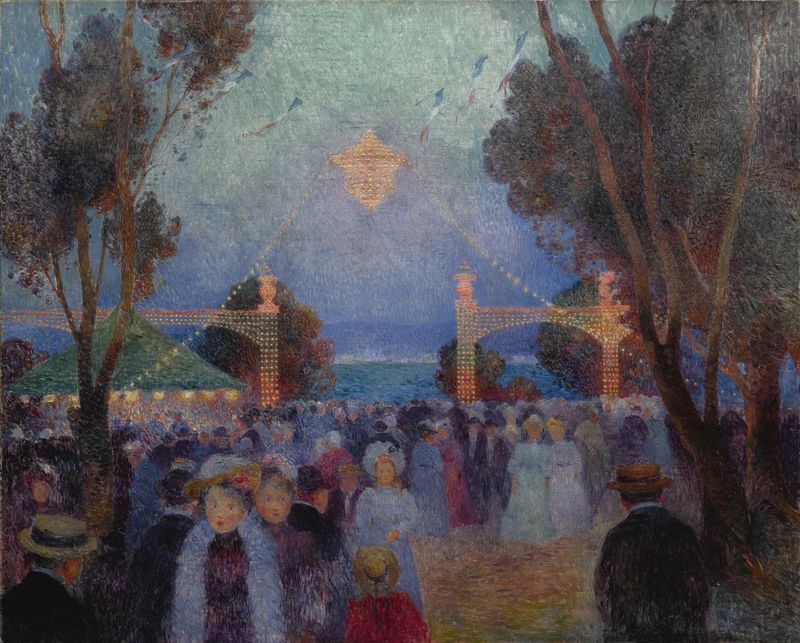 14 Juillet, fête forain de Ferdinand du Puigaudeau, óleo sobre tela representando uma animada multidão em um festival.