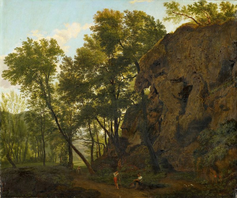 Paisaje cerca de Papinio de Jakob Christoph Bischoff, óleo sobre lienzo que representa colinas al amanecer