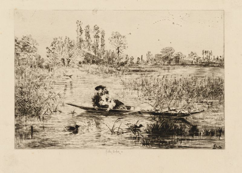 Marine scene with reflections on water, etching by Félix Hilaire Buhot, 1875