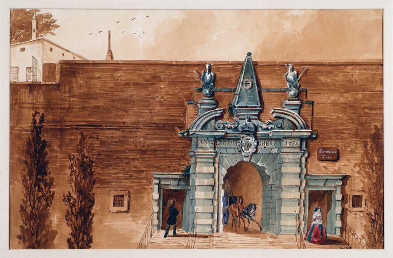 Arquitetura de Das alte Kärntnertor em Viena por Anton Stutzinger, 1858