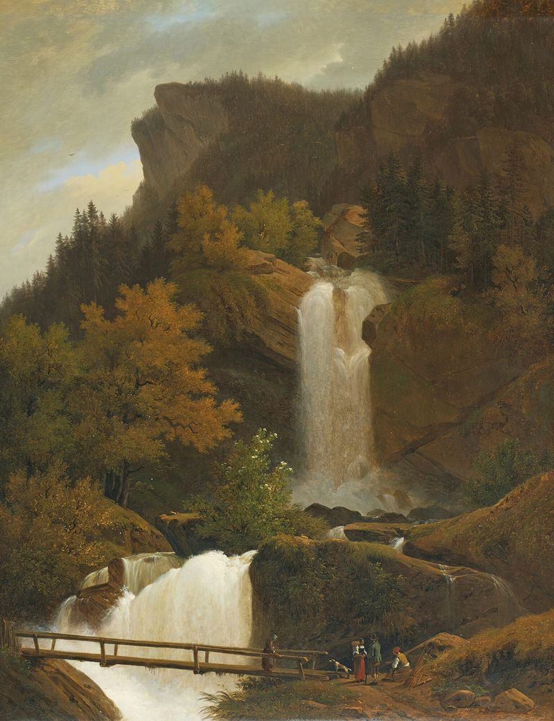 The Waterfall Of Wandel, Near Brienz by François Diday, oil painting depicting a serene landscape with a waterfall and mist.