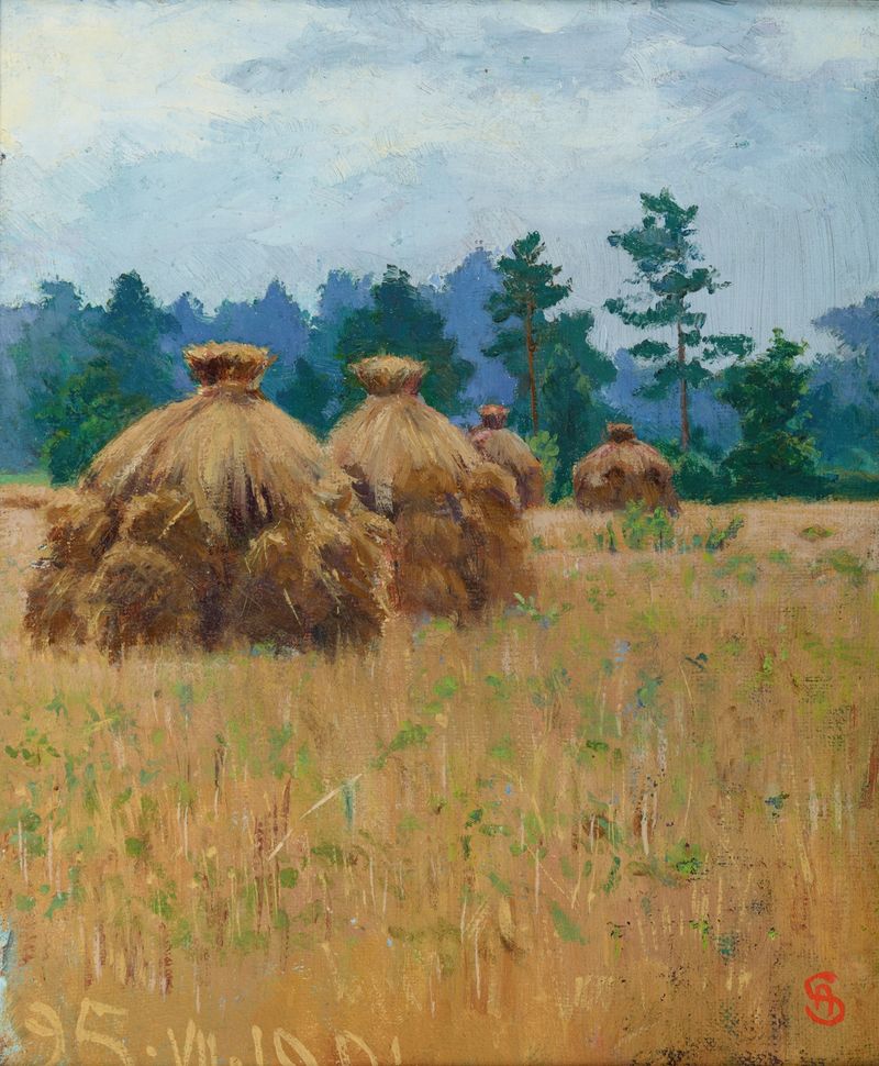 Realism depicting corn stacks in a landscape by Ambroży Sabatowski