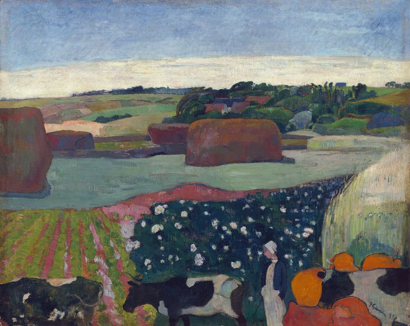 Haystacks in Brittany de Paul Gauguin, pintura a óleo que retrata uma paisagem rural com luz dourada.