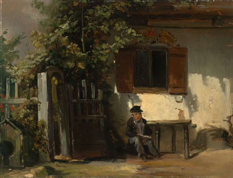 An der Gartentür by Johann Baptist Kirner, oil on canvas, featuring a garden archway with dappled light.
