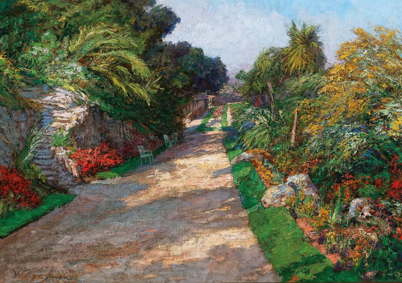 Paisagem com flores vibrantes e jardins, pintura a óleo de Olga Wisinger-Florian