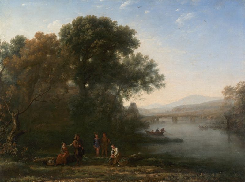 O Ford de Claude Lorrain, óleo sobre tela, retratando figuras cruzando um rio com reflexos.