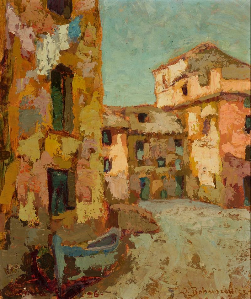Old houses in Boccadasse de Jan Bohuszewicz, Impresionismo, que representa un pueblo costero.