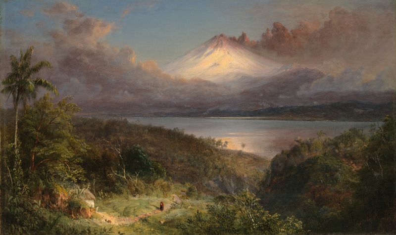 Vista do Cotopaxi de Frederic Edwin Church, óleo sobre tela que retrata um vale e um vulcão.