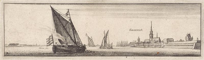 Rivierlandschap met gezicht op Emmerich, gravura de Wenceslaus Hollar