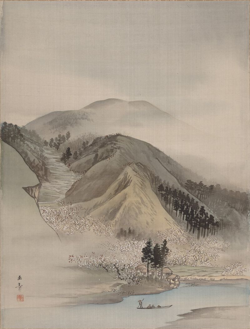 Cherry blossoms and a river in ink on silk by Kawabata Gyokushō