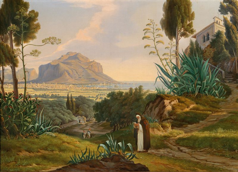 Marine scene depicting the Bay of Palermo with Monte Pellegrino by Emil Ludwig Löhr, oil painting