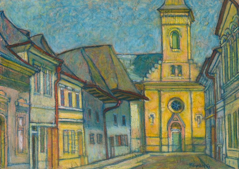 Obra figurativa de Konštantín Kövári-Kačmarik, retratando figuras na escuridão com feixes de luz, pintura a óleo