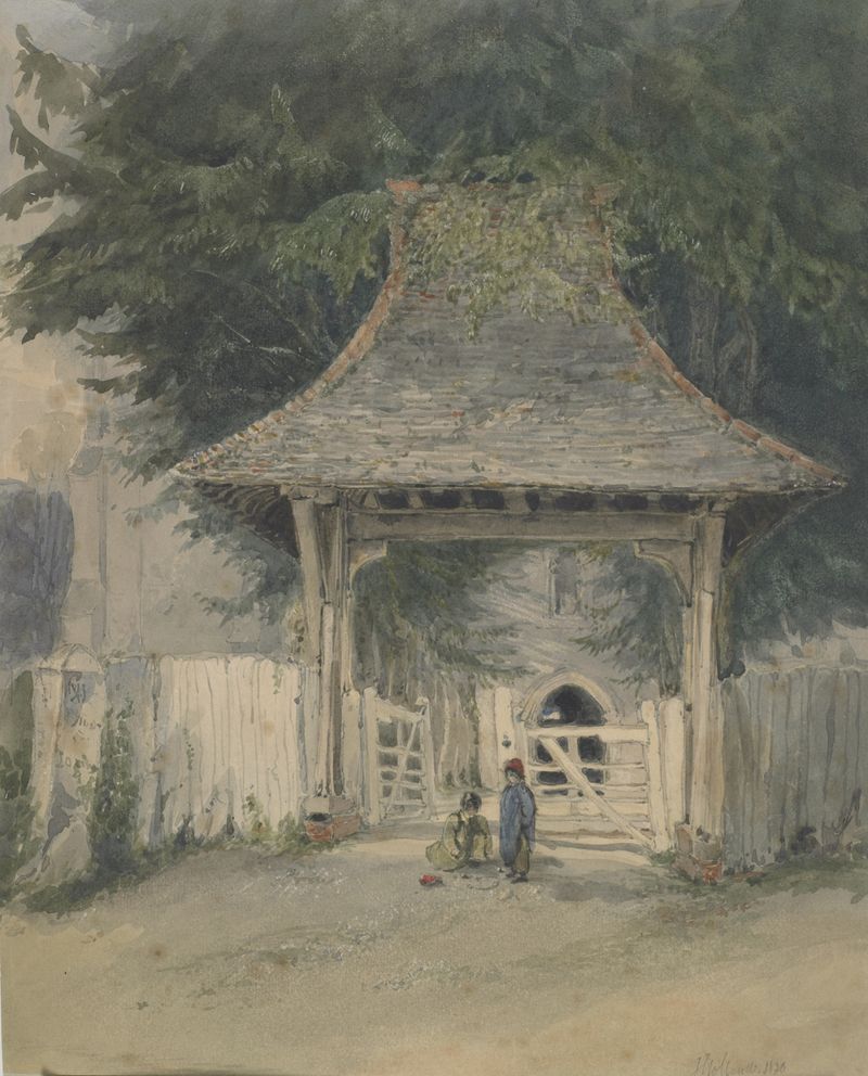 Porch, Peckenham Church, Kent de James Holland, óleo sobre tela que retrata um arco e a natureza.