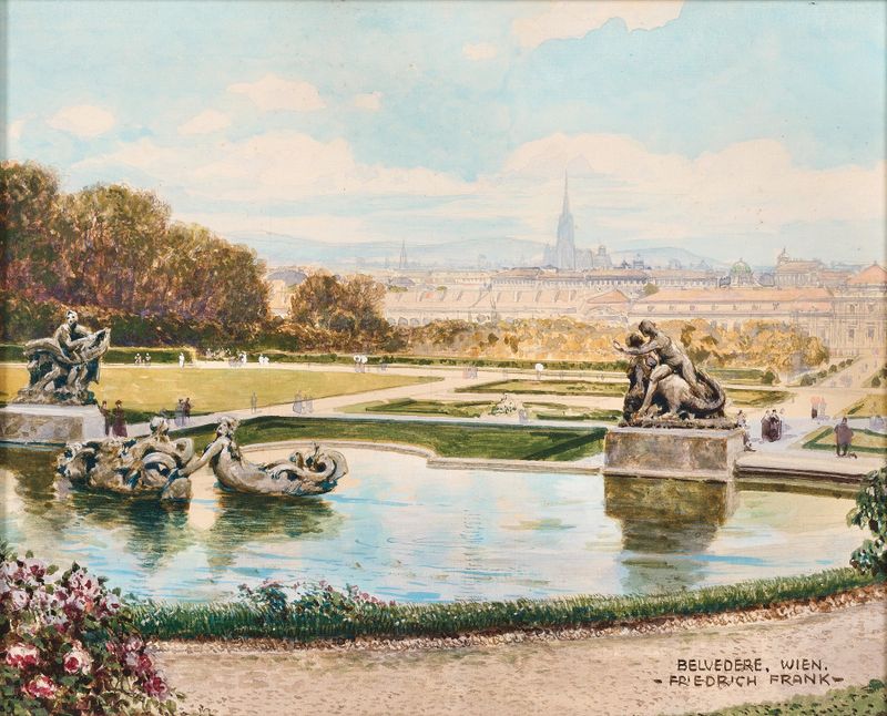 Pintura a óleo de Friedrich Frank retratando o rio Danúbio ao pôr do sol