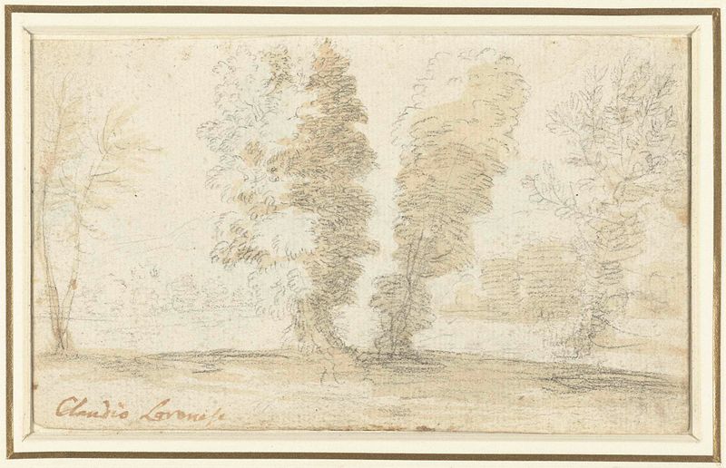 Landscape with tall trees and an open field by Claude Lorrain, oil painting