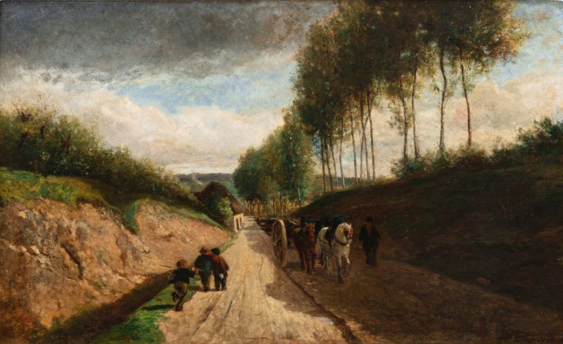 Pintura al óleo de Camille Pissarro que muestra un camino serpenteante entre la vegetación exuberante.