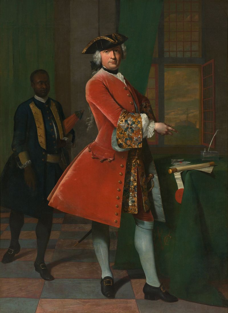 Portrait of Jan Pranger with an enslaved servant, oil on canvas by Frans van der Mijn