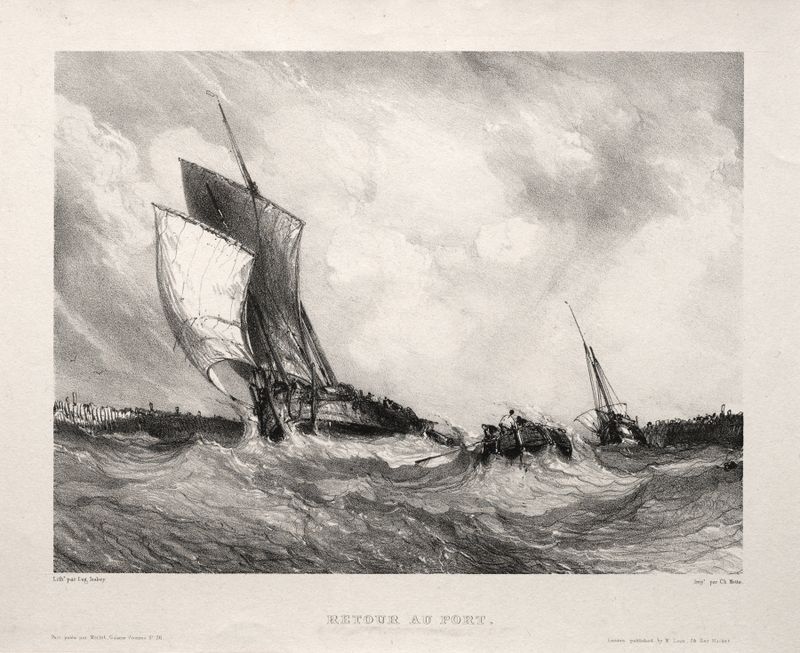 Escena marina con barcos meciéndose en el puerto, óleo de Eugène Isabey