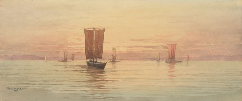 Veleros en el Nilo de John William Burgon, pintura al óleo que muestra barcos en un río sereno.