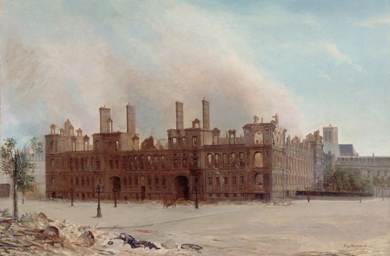 L’Hôtel de Ville après l’incendie de 1871, óleo sobre tela de Frans Moormans, retratando ruínas carbonizadas e sombras.