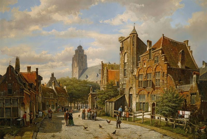 A Dutch Street de Willem Koekkoek, que representa una escena de pueblo con calles empedradas y edificios pintorescos.
