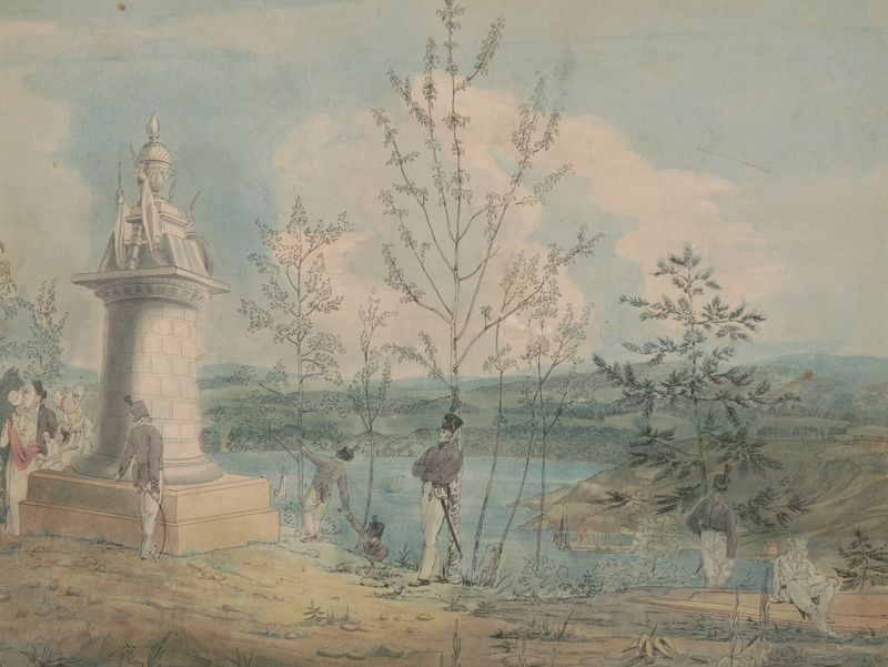 Monumento a los cadetes en West Point, grabado de John Rubens Smith, con un alto monumento rodeado de árboles.
