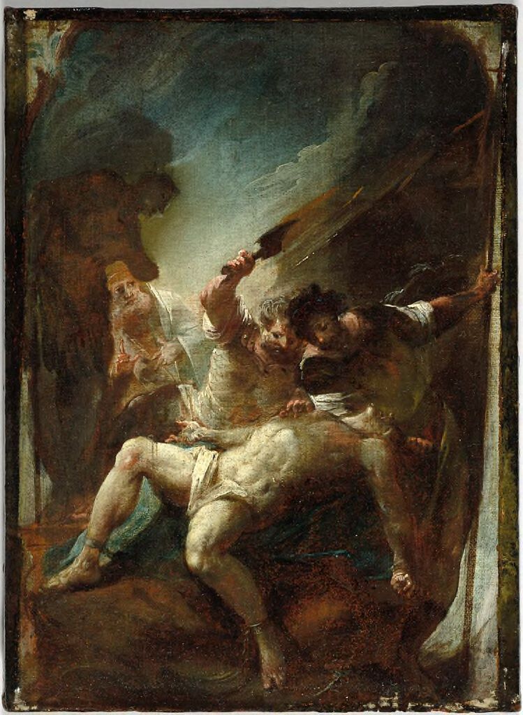 O Martírio de São Vítor, óleo sobre tela de Johann Wolfgang Baumgartner, retratando uma cena religiosa tensa.