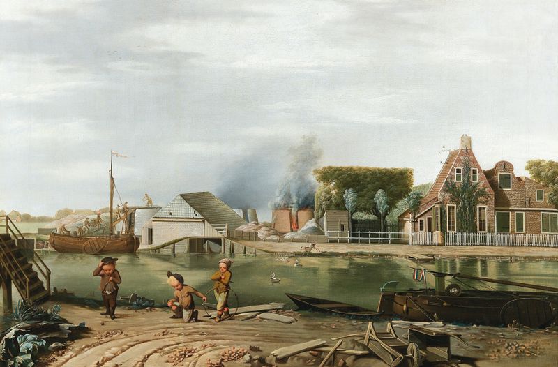 Crianças brincando perto de um rio em uma pintura a óleo de Karel La Fargue
