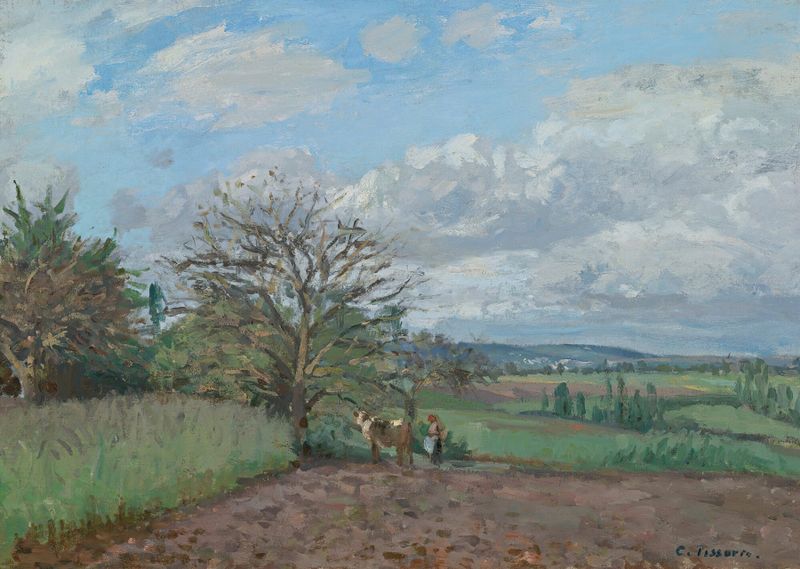 Óleo sobre lienzo de Camille Pissarro que muestra a una lechera cuidando una vaca en un paisaje rural
