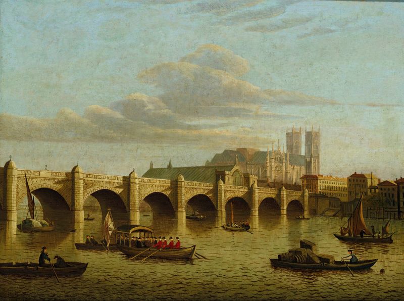 Westminster Bridge de Follower Of Sir John Dean Paul, pintura al óleo que representa un paisaje fluvial al amanecer.