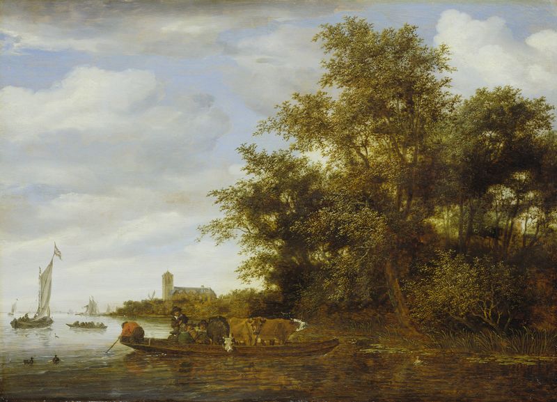 Paisaje de río con ferry, óleo sobre lienzo de Salomon van Ruysdael