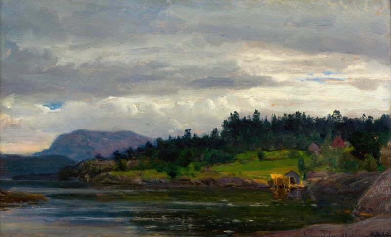 Gjermundshavn, Hardanger by Amaldus Nielsen, oil on canvas depicting a fjord at sunset with mountains.