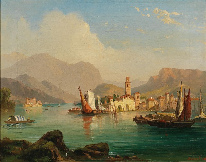 Lago Maggiore landscape by Carlo Brioschi, oil on canvas, featuring tranquil waters and soft pastel skies.