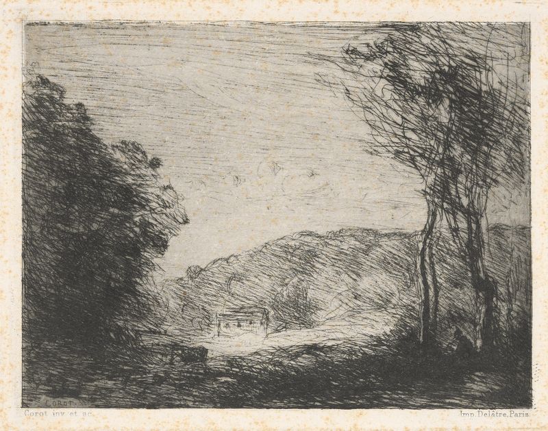 Paisagem rural arborizada de Jean-Baptiste-Camille Corot, pintura a óleo