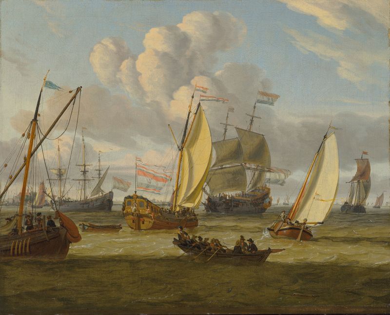 Marine scene with ships on water by Abraham Storck, oil painting
