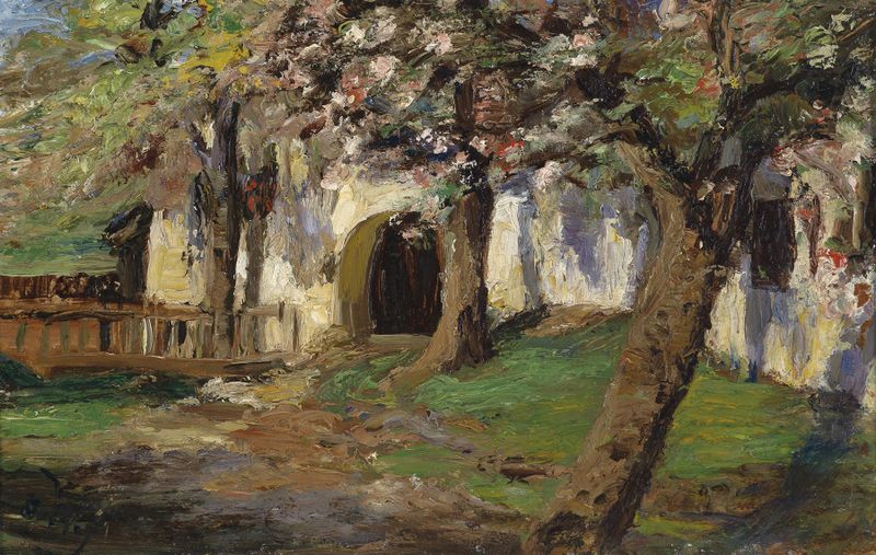 Oil painting by Olga Wisinger-Florian depicting apple blossoms in a garden