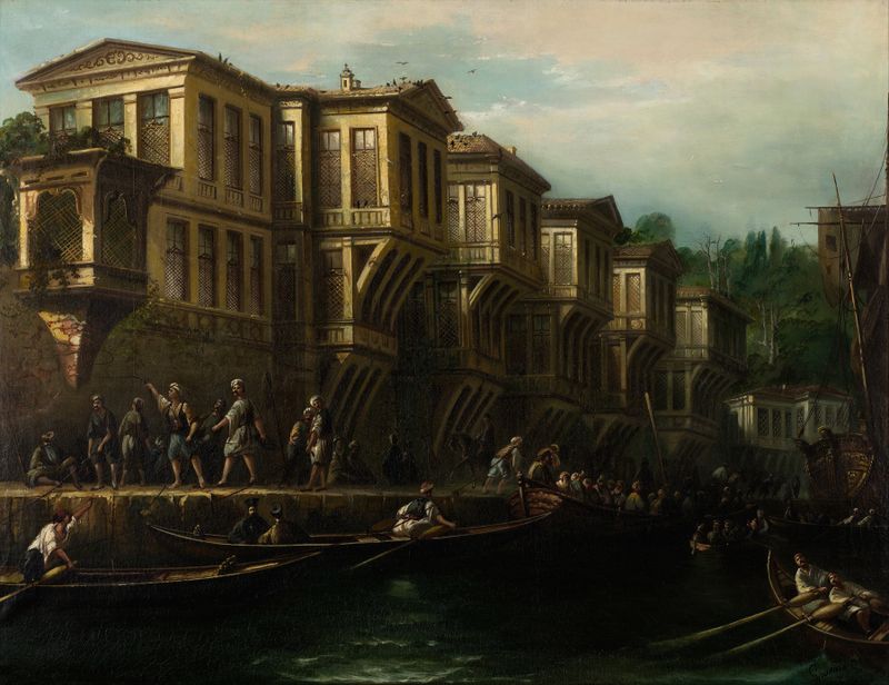 Said Paşa Waterfront Mansion de Megerdich Jivanian, pintura al óleo que muestra arquitectura ornamental y aguas tranquilas.