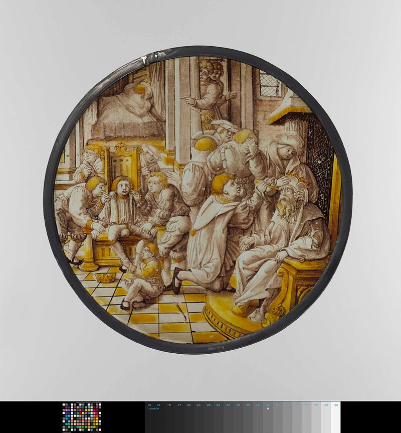 De Rechtspraak van Zaleucus, meio de chumbo, artista desconhecido, retratando um legislador em um momento de justiça.